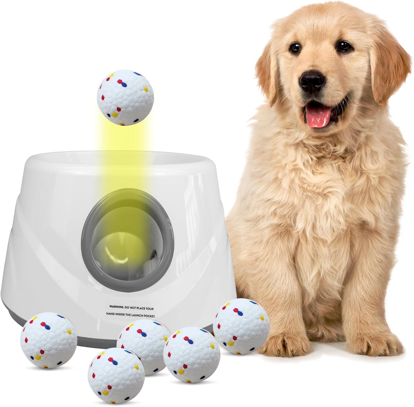 Automatic Ball Launcher for Dogs with 6 ETPU Balls, White, Adjustable Distance 20-45ft, USB Rechargeable, Interactive Pet Toy (Gary)