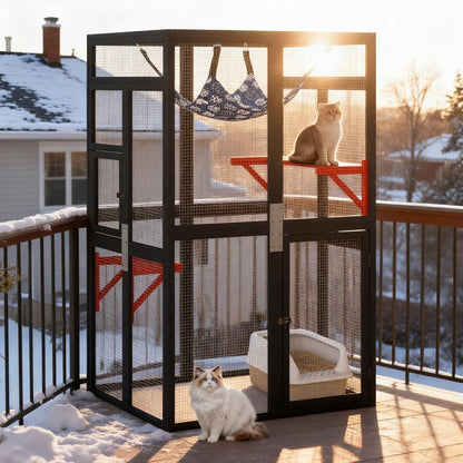 COZIWOW Halloween Outdoor Cat Catio - Spooky Window Access Cat Enclosure with Jumping Platforms, Weatherproof Wooden Shelter for Patio/Garden (Black, 2 Platforms + Hammock, 44lbs Capacity)