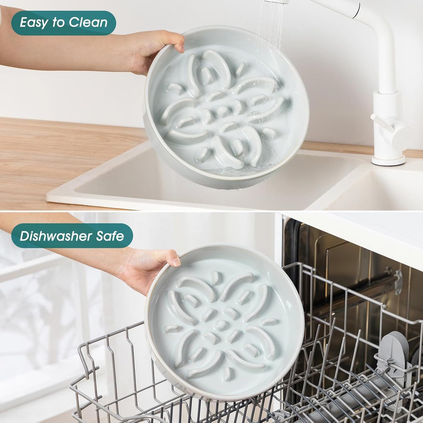 vancasso Ceramic Slow Feeder Dog Bowls, Puzzle Dog Food Bowls with Floral Maze, Anti -Slip Pet Food Dish for Large Breed, 3 Cups, Grayish Cyan