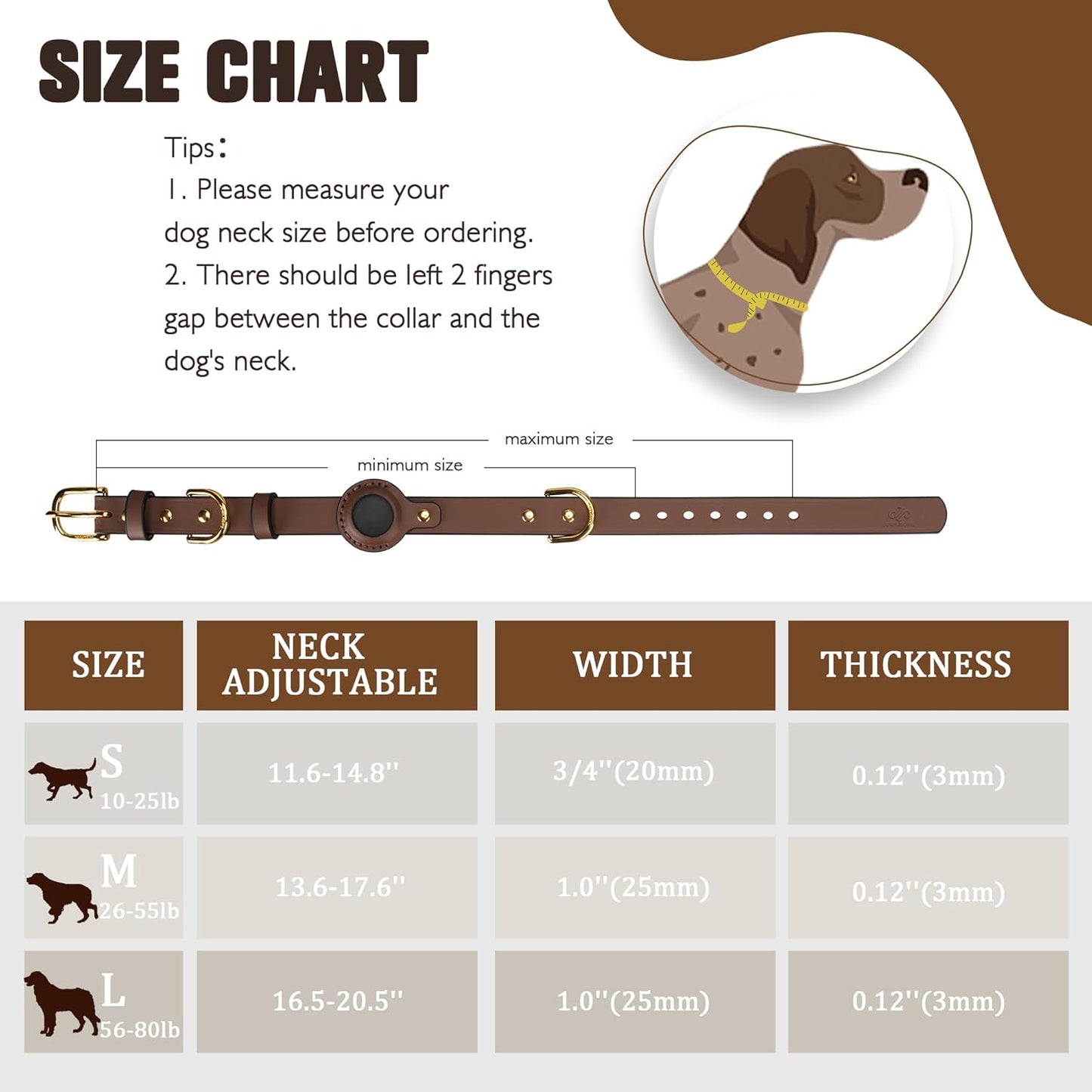 AirTag Dog Collar - Genuine Heavy Duty Leather Dog Collar with Apple AirTag Holder, Suitable for Small Medium Large Dogs (Brown, M, 13.6"-17.6" Neck Fit)