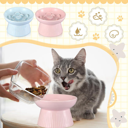 Layhit 2 Pack Raised Slow Feeder Cat Bowls Ceramic Elevated Cat Food Bowls Anti Vomiting Slow Feeder for Dog and Kitten for Dry and Wet Food(Blue, Pink)