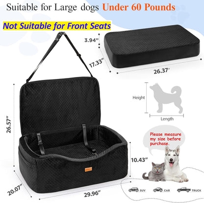Dog Car Seat for Large Dogs up to 60 lbs or 2 Small Dogs with 4" Memory Foam, Medium Pet Booster Seat Cover with Triple Safety Belts, Adjustable Leashes, Detachable/Washable (Dark Black, Large)