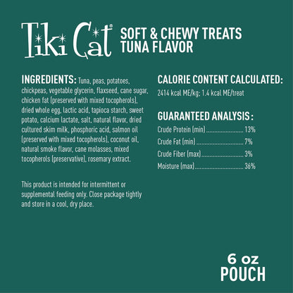 Tiki Cat Soft & Chewy Treats, Tuna Flavor, 3 Calories Per Treat with Grain-Free and No Added Gluten, 6 oz Pouch (Pack of 1)