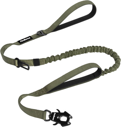 PetBonus Heavy Duty Tactical Dog Leash, 5 FT Bungee Shock Absorption Leash and Dog Collar Safety Clip