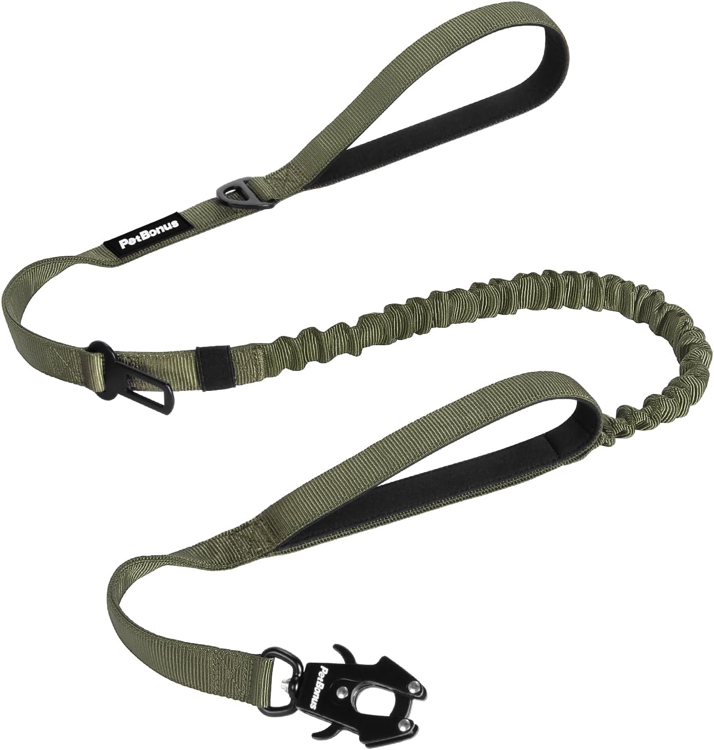 PetBonus Heavy Duty Tactical Dog Leash, 5 FT Bungee Shock Absorption Leash and Dog Collar Safety Clip