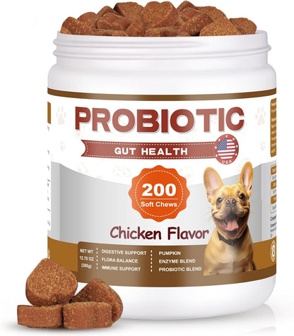 Probiotics for Dogs - Dog Probiotics Chews - Digestive Health Chews with Prebiotics & Enzymes, Gut Health Support, Yeast Balance & Gas Relief - 200 Soft Treats with Pumpkin