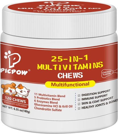 Dog Multivitamin Chewable, with Glucosamine Chondroitin, Digestive Enzymes & Probiotics, for Digestion Support, Immune, Skin, Coat, Joints & Bones Healthy, 120 Chews