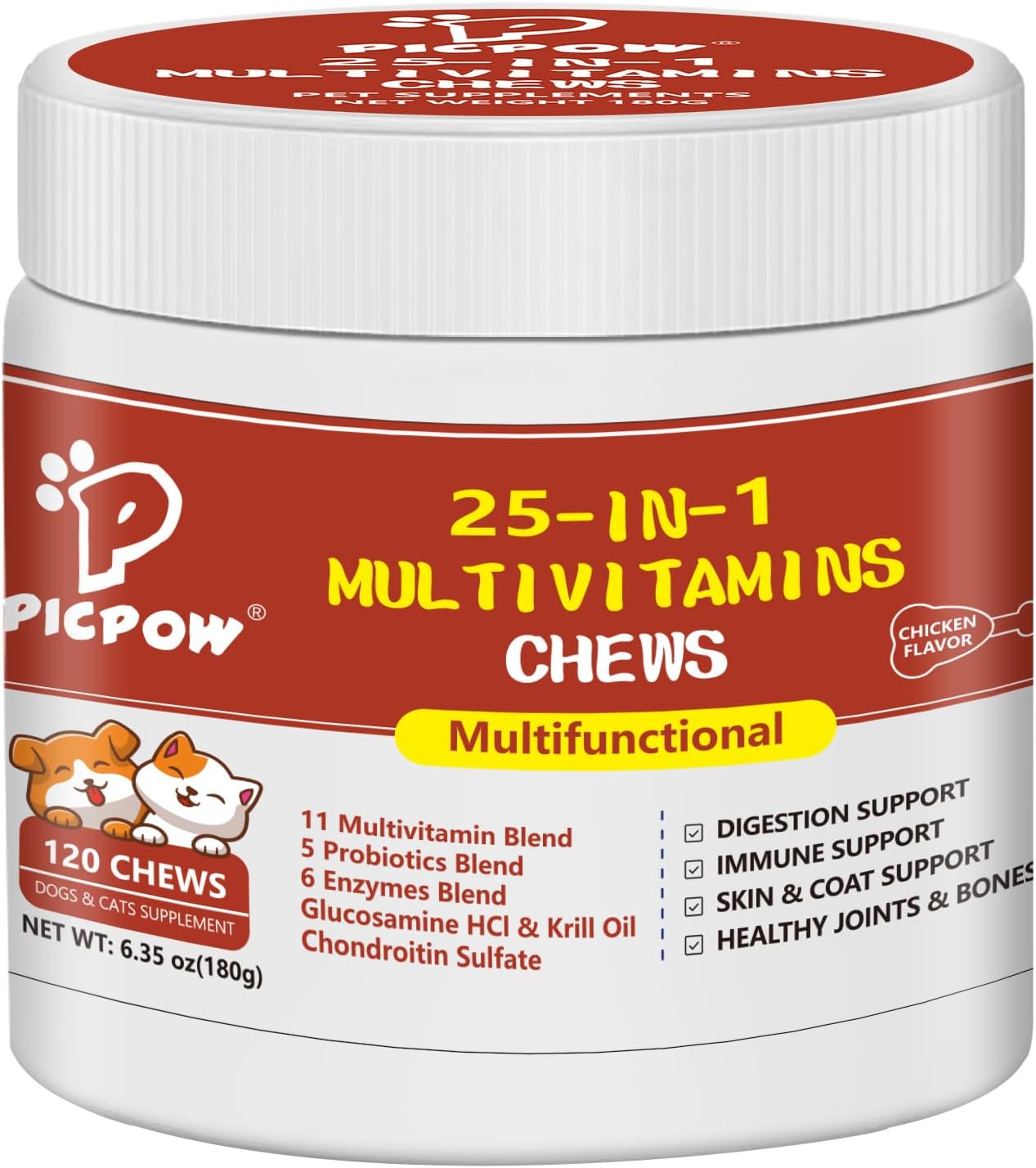 Dog Multivitamin Chewable, with Glucosamine Chondroitin, Digestive Enzymes & Probiotics, for Digestion Support, Immune, Skin, Coat, Joints & Bones Healthy, 120 Chews