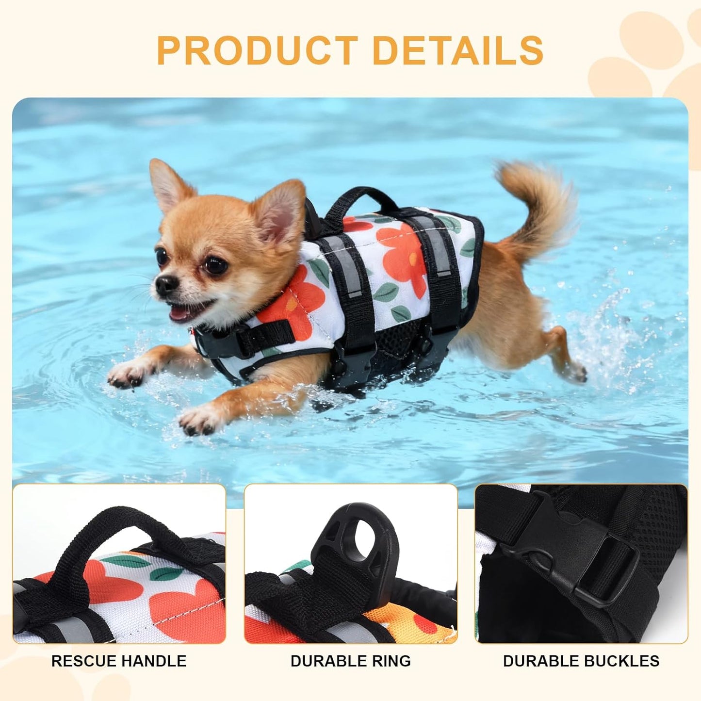 Teacup Dog Life Jacket, XXS Dog Life Jacket, Patterned Surface Elastic Adjustment Puppy Life Jackets for Small Dogs with Safety Pom Buckle, Small Dog & Cat Life Jackets 3-9 Lbs