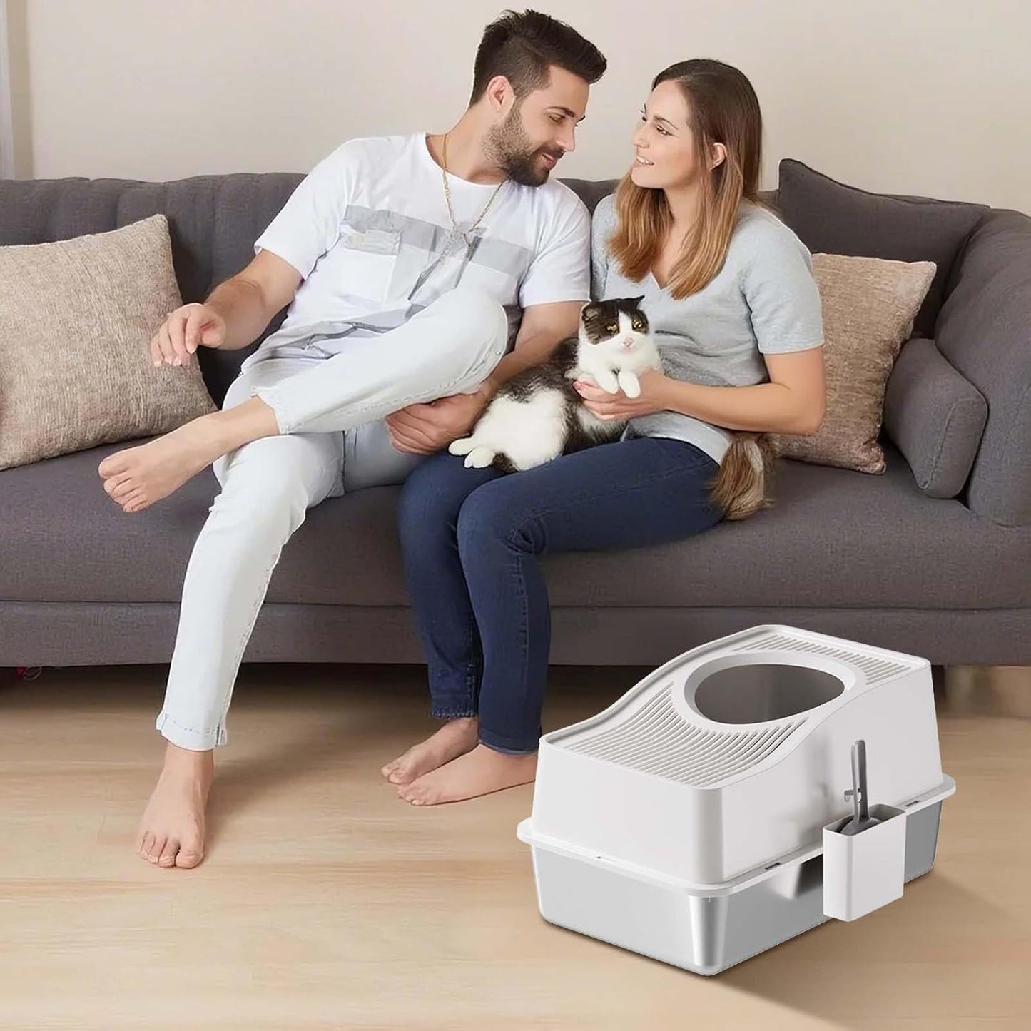 Stainless Steel Enclosed Cat Litter Box with High Sided Lid – Odor Control, Easy Clean Detachable Tray, Litter Mat & Scoop, Anti-Splash Hidden Cat Furniture for Kittens & Adult Cats