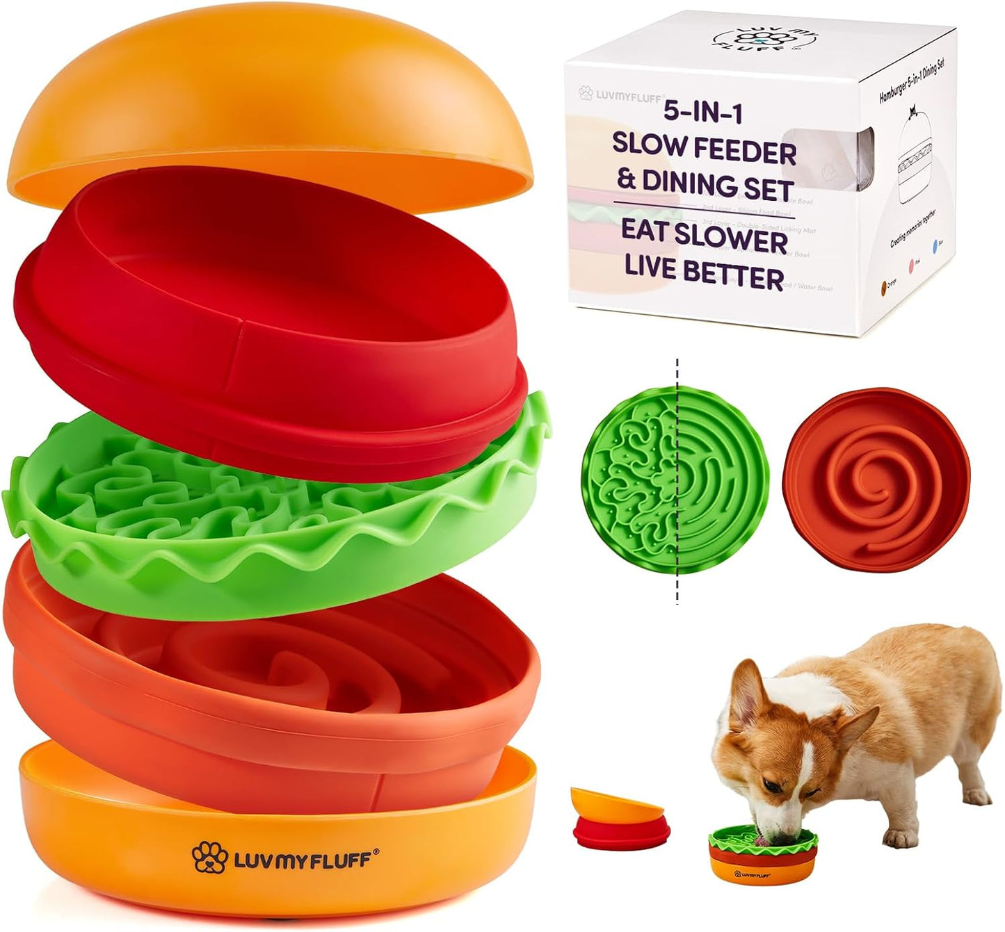 Slow Feeder Dog Bowl for Small & Medium Dogs – Hamburger Design with Spiral Slow Feeder & Reversible Lick Mat | Non-Slip, Dishwasher Safe & Easy to Clean