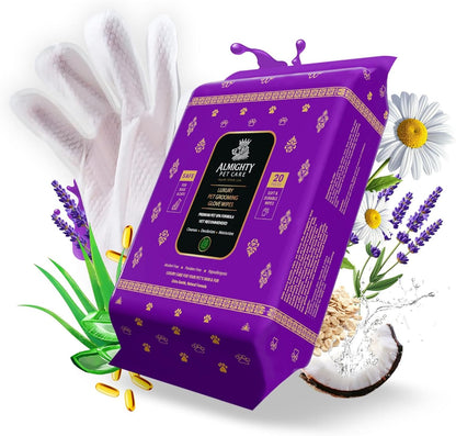 Almighty – Premium Pet Grooming Glove Wipes for Dogs & Cats | 20 Count | Instant Bath Cleaning Glove | Ultra-Thick, Hydrating & Nourishing | Deodorizing, Hypoallergenic, No-Rinse – Lavender Scent