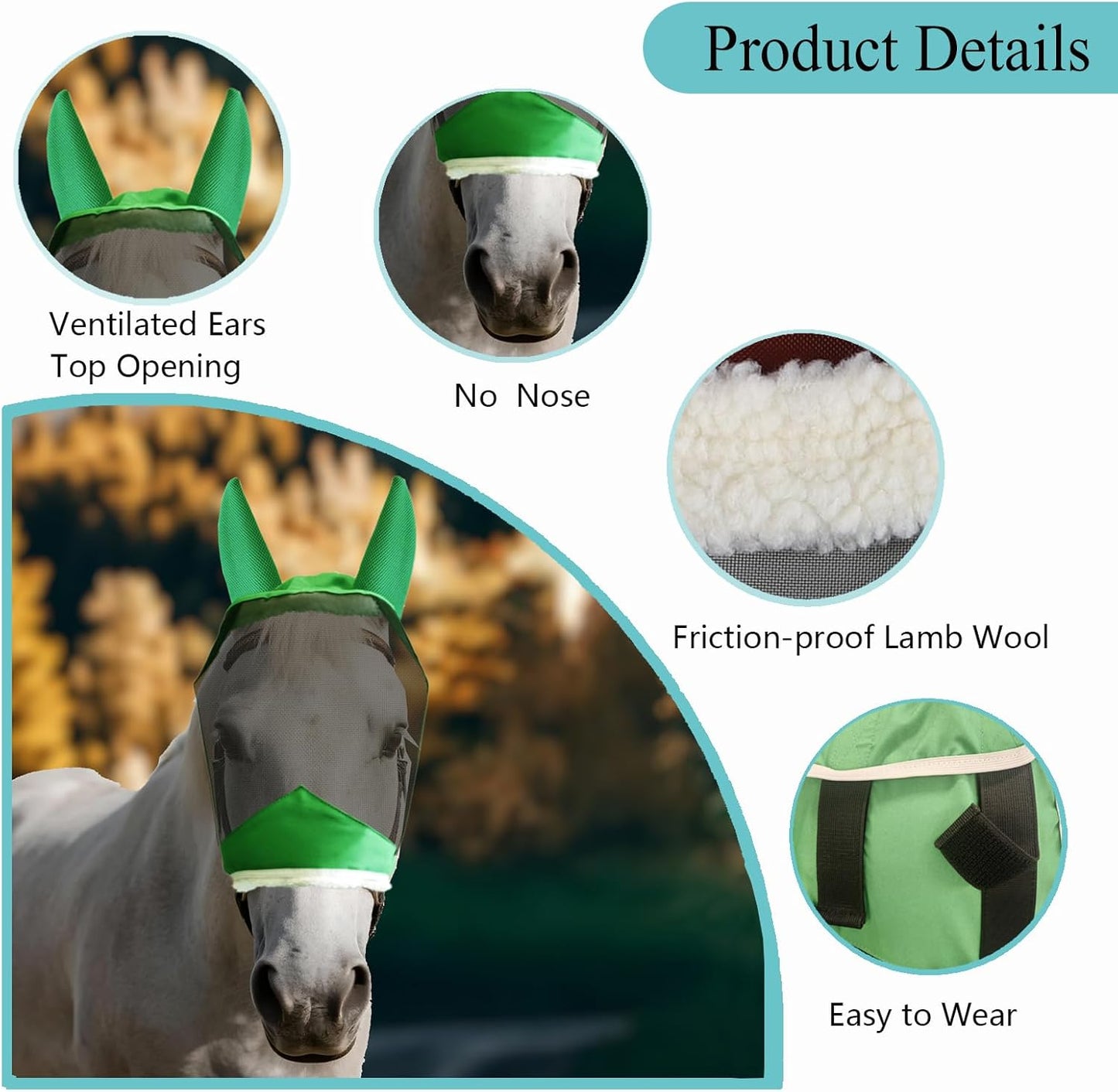 Fly Masks for Horses with Ears and NO Nose Cover - Comfortable Horse Fly mask with Ears for UV Protection & Sun Shield – Soft Lightweight- Breathable Horse mask (Green, (Full) Large)NO nose