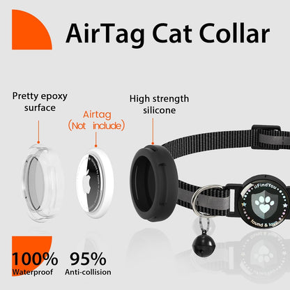 Airtag Cat Collar Breakaway, Reflective Cat Collars with Apple Airtag Holder, Adjustable Kitten Collar with Bells Black