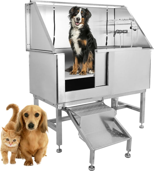 Towallmark 50" Dog Grooming Bathing Station, Professional Stainless Steel Pet Grooming Tub w/Removable Ramp, Storage Drawer, Floor Grate, Stairs Faucet, Dog Bathtub for Large, Medium & Small Pets