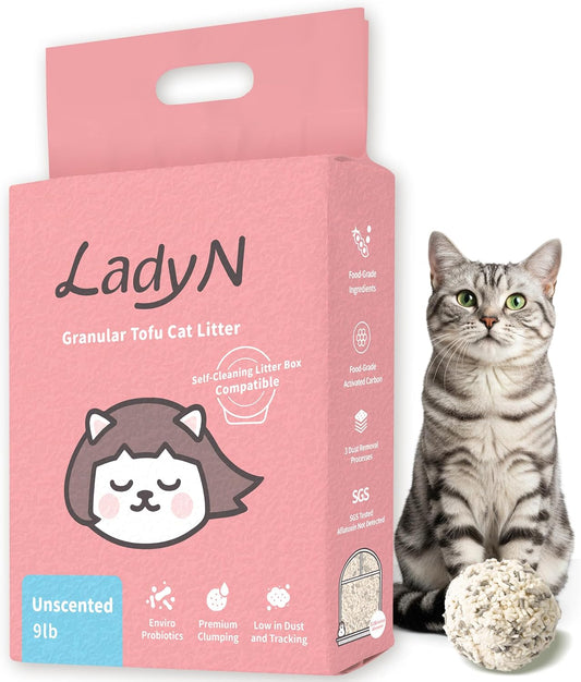 Lady N Granular Tofu Cat Litter Mini-Pellet Compatible with Automatic Self Cleaning Cat Litter Box, Strong Clumping Ultra Absorbent, Low Tracking, Odor Control Activated Charcoal 9lb
