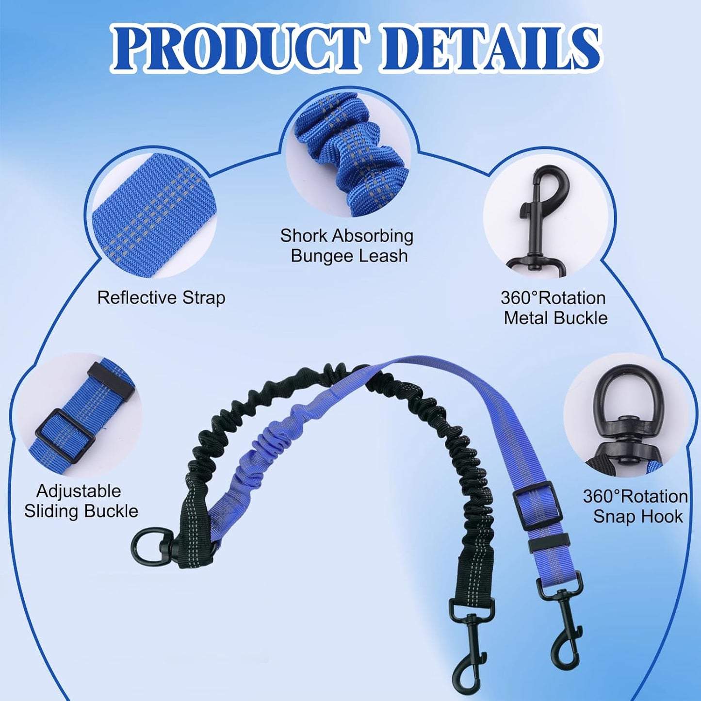 Double Dog Leash Coupler-360°Swivel,2 PCS No Tangle Walking Leash with Shock Absorbing Bungee for Outdoor Walk Train Small Medium Pet(Grey,Blue)