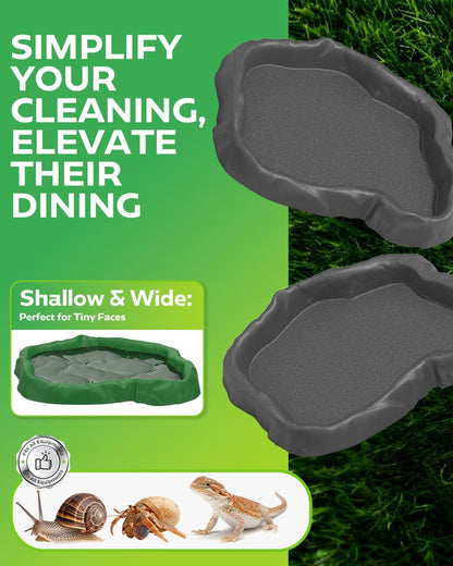 2Pcs Snail Food and Water Bowl, Reptile Water Dish and Food Bowl, Natural Design Terrarium Feeding Dish for Garden Snails, Hermit Crab, Lizard, Frog, Gecko (Black)