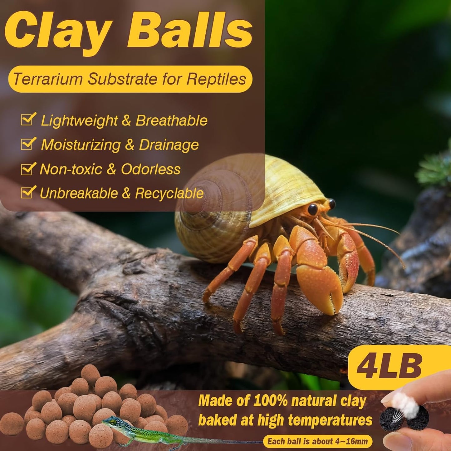 ZeeDix Reptile Substrate Leca Balls - 4LBS Organic Expanded Clay Pebbles, Bioactive Terrarium Bedding for Reptile Tank Habitat Accessories, Ideal for Bearded Dragon, Tortoise, Gecko, Snake & Frog