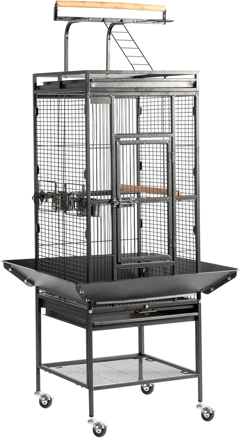 Large Wrought Iron Rolling Bird Cage with Interactive Play Top and Stand for Parrots, Cockatiels, Lovebirds and Medium-Sized Birds
