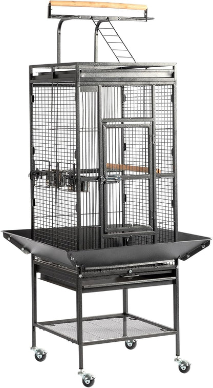 Large Wrought Iron Rolling Bird Cage with Interactive Play Top and Stand for Parrots, Cockatiels, Lovebirds and Medium-Sized Birds