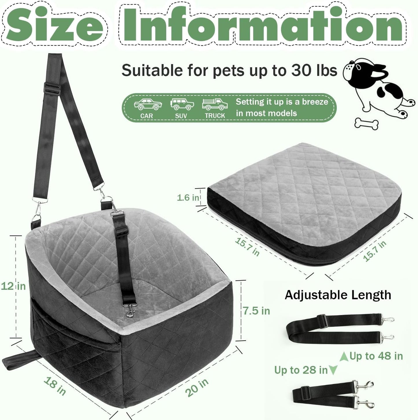 Small Dog Car Seat for Under 30lbs Dog Booster Seat Detachable Washable Pet Car Seat with Safety Leash and Storage Pockets Black&Grey Puppy Travel Bed