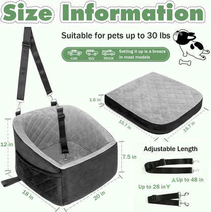 Small Dog Car Seat for Under 30lbs Dog Booster Seat Detachable Washable Pet Car Seat with Safety Leash and Storage Pockets Black&Grey Puppy Travel Bed