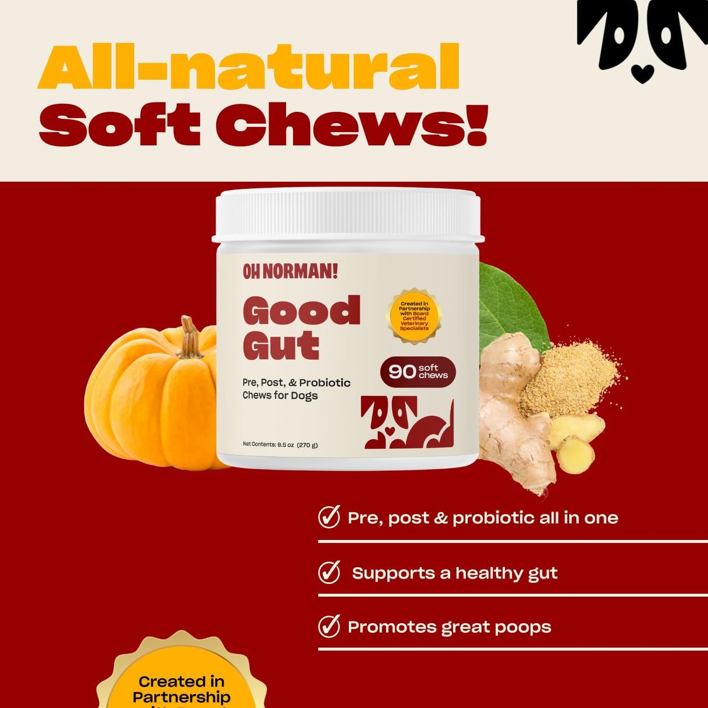 Oh Norman! Probiotic Chews for Dogs, Probiotics for Dogs Digestive Health with Enzymes, Allergy Relief for Seniors, Probiotics for Dog Wellness and Comfort