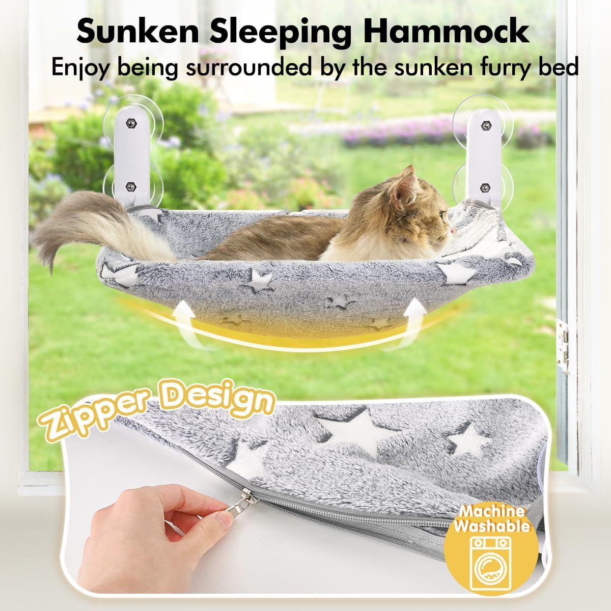 Cat Window Perch, Glow in The Dark Cordless Foldable Pet Hammock Bed for Window with Sturdy Metal Frame, Glowing Stars Pattern Resting Seat for Indoor Cats (Stars - M)