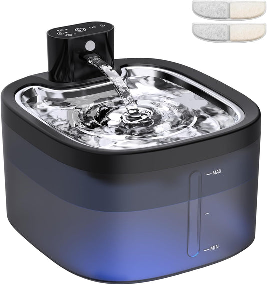 Wireless Cat Water Fountain with Stainless Steel Tray, 3.5L/118oz Rechargeable Battery Pet Water Dispenser, Ultra-Quiet Indoor Fountain with Motion Sensor, BPA-Free(2Filters)