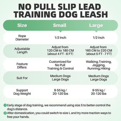 SlowTon Slip Lead Dog Leash, Adjustable 4-6 FT, 1/2” Rope, Heavy Duty Nylon Leashes with Padded Handle & Highly Reflective Threads, No Pull Training Leash for Medium Large Dogs 20-120lb (Green, S)