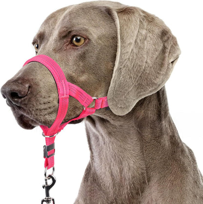 BARKLESS Sturdy No Pull Head Collar for Medium Large Dogs, Gentle Reflective Head Halter with Safety Link, Adjustable Nylon Dog Training Muzzle Leash for Walking Control (Hot Pink, XL)
