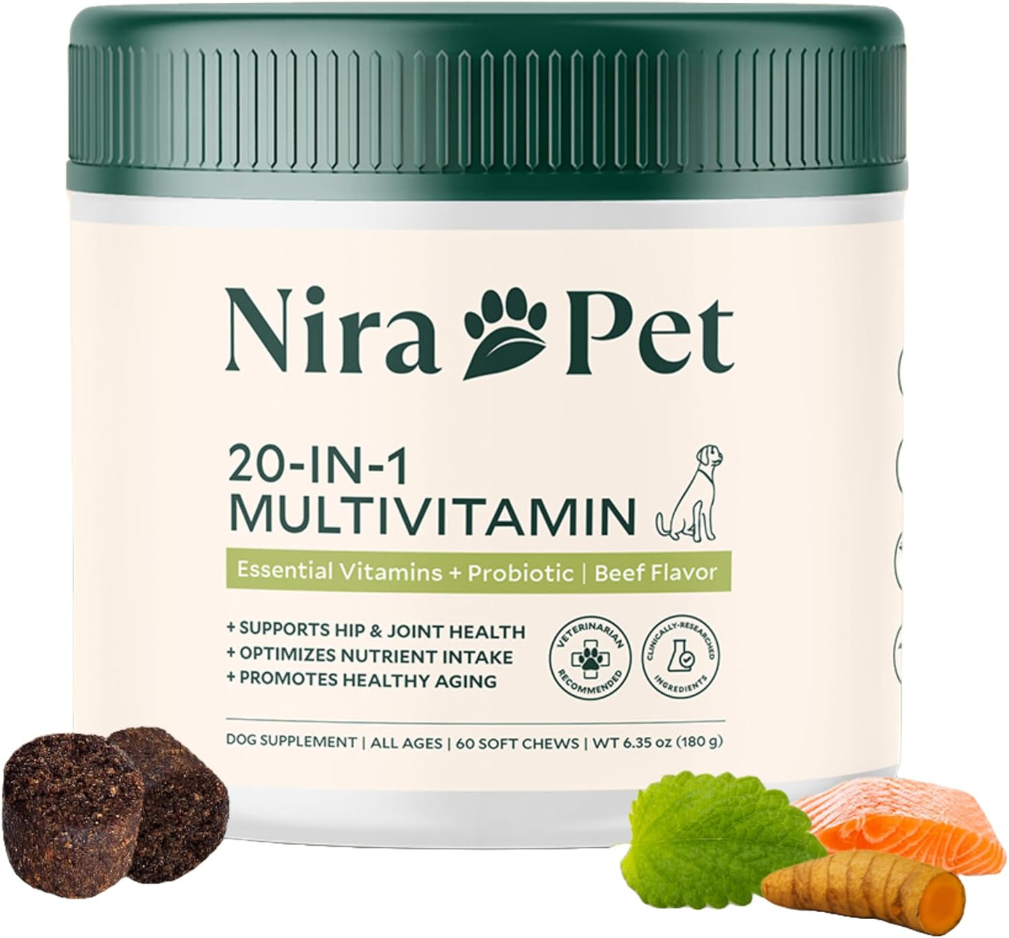 20-in-1 Multivitamin for Dogs – Beef Flavor – 60 Soft Chews with Glucosamine, Probiotics, MSM, Turmeric & Salmon Oil – Joint, Skin, Coat & Digestive Support