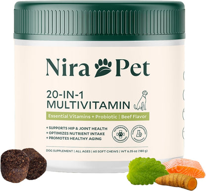 20-in-1 Multivitamin for Dogs – Beef Flavor – 60 Soft Chews with Glucosamine, Probiotics, MSM, Turmeric & Salmon Oil – Joint, Skin, Coat & Digestive Support