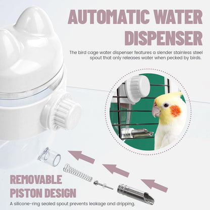 10.8Oz No Mess Bird Water Dispenser, Automatic Bird Water Feeder with No Drip Needle Nozzle, Parrot Parakeet Waterer Bottle for Cage Accessories (White, ONE)