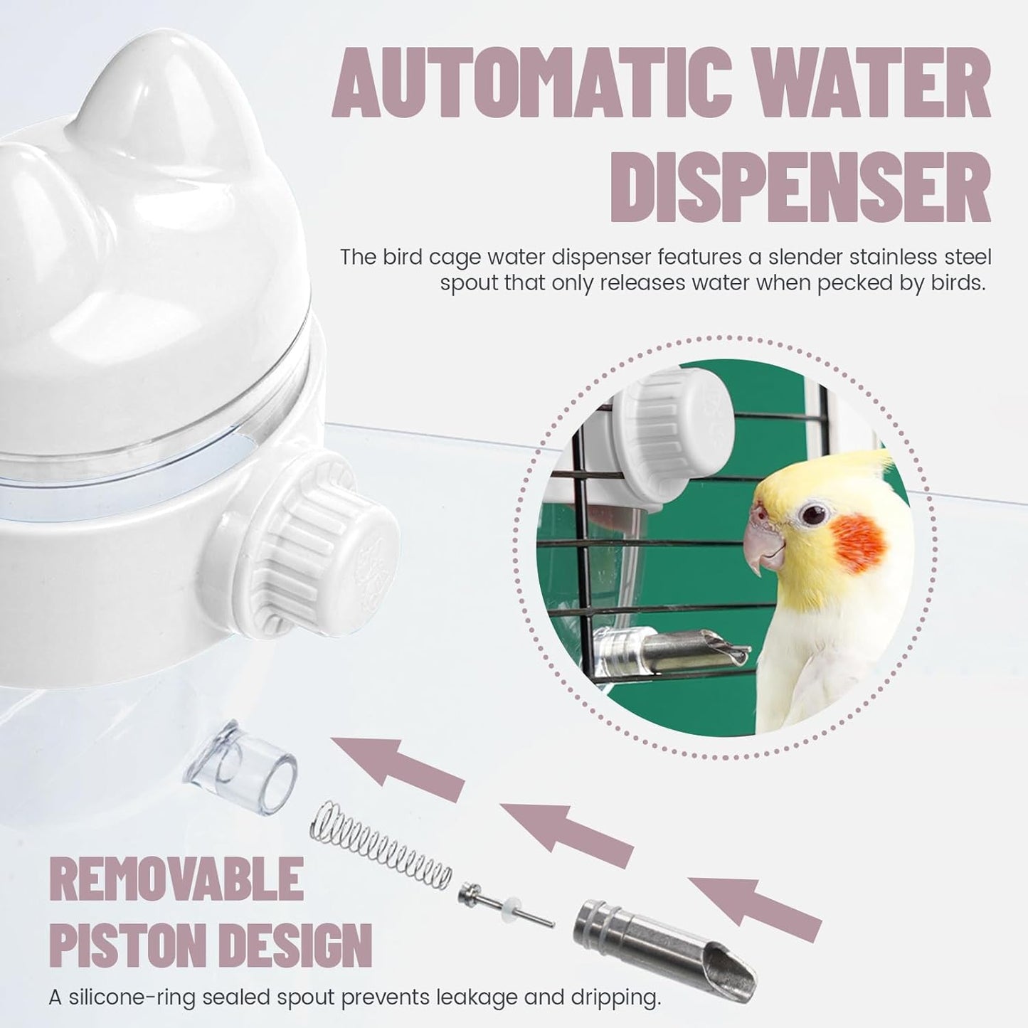 10.8Oz No Mess Bird Water Dispenser, Automatic Bird Water Feeder with No Drip Needle Nozzle, Parrot Parakeet Waterer Bottle for Cage Accessories (White, ONE)