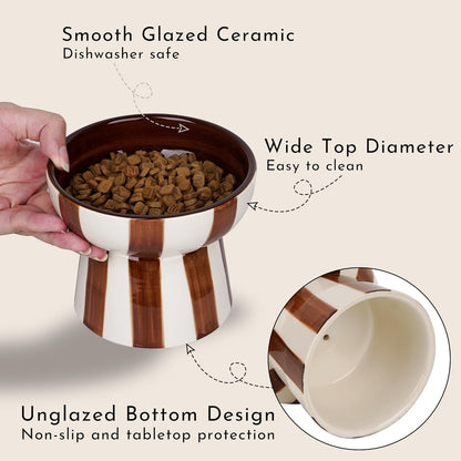 Raised Cat Bowl - Brown Striped Elevated Ceramic Food and Water Dish, Wide Shallow Design for Whisker Fatigue Relief, Dishwasher Safe