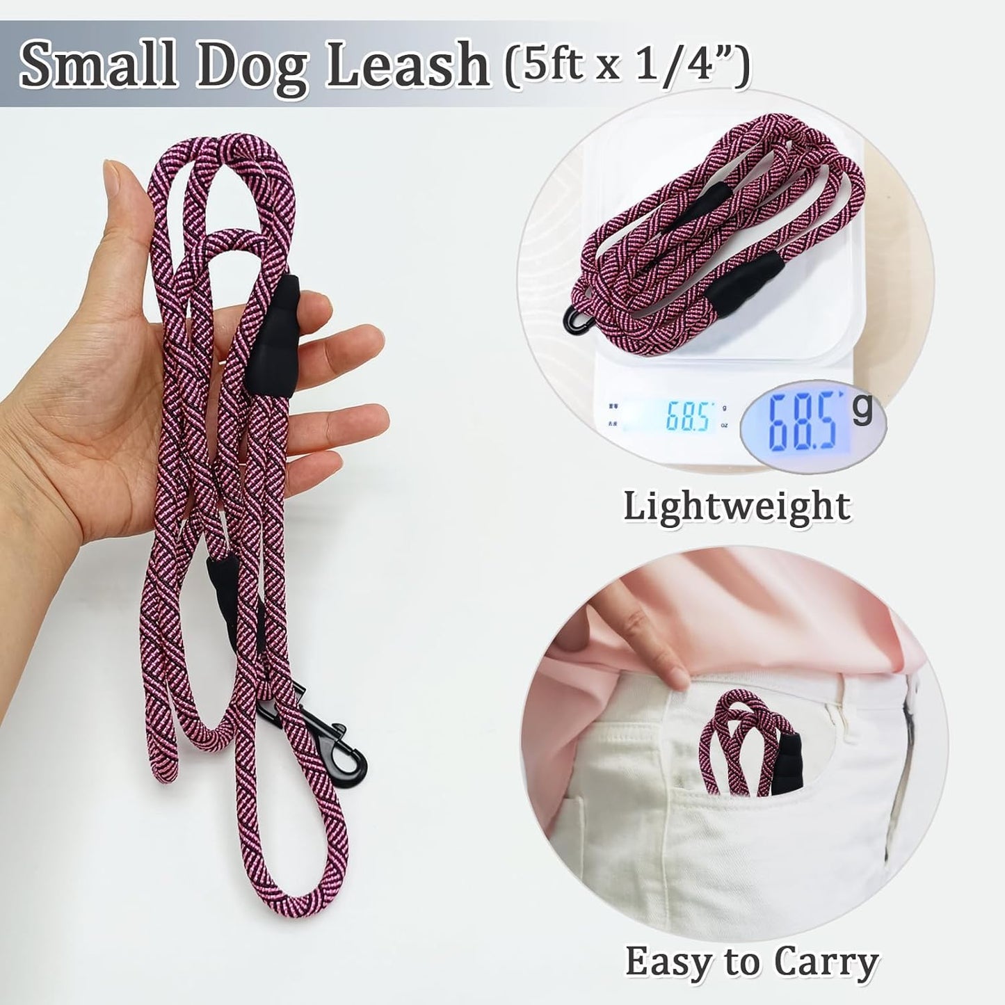 WYuZe 5ft Puppy Leash for Small Dogs (Black Clasp + Silver Clasp)