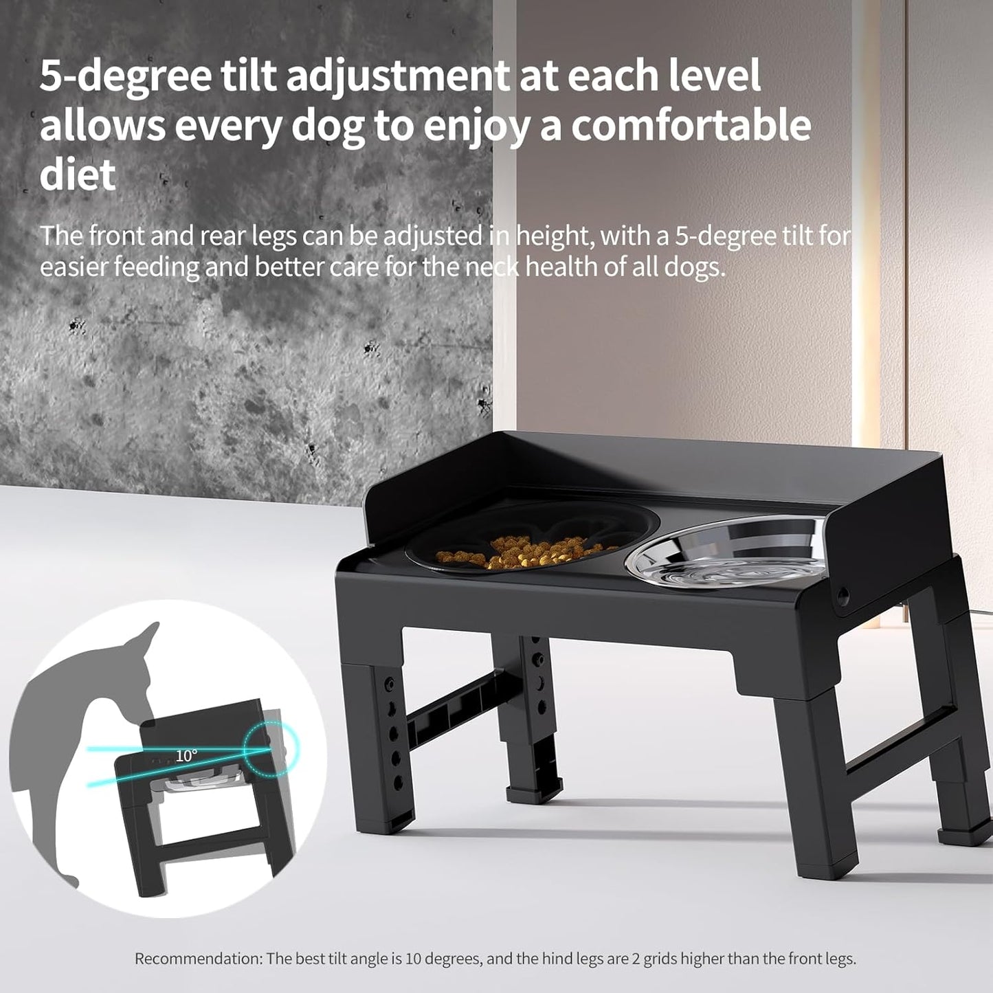 PAKEWAY Elevated Dog Bowls, Spill Proof, Tiltable Pet Feeder with 1 Slow Feeder Bowl &1 Stainless Steel Bowl, 6 Height Adjustable Raised Dog Bowls Stand for Medium Large Dogs