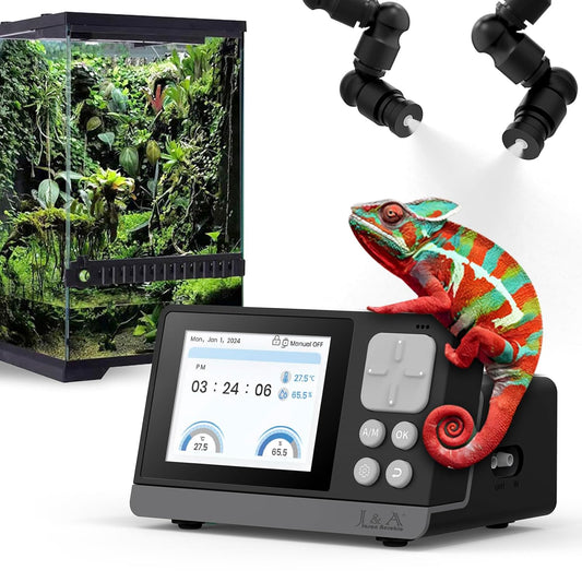 J&A Smart Reptile Mister, Automatic Misting System for Tanks - Programable Timer with Temperature/Humidity Probe, Ideal for Reptile Habitat (Black)