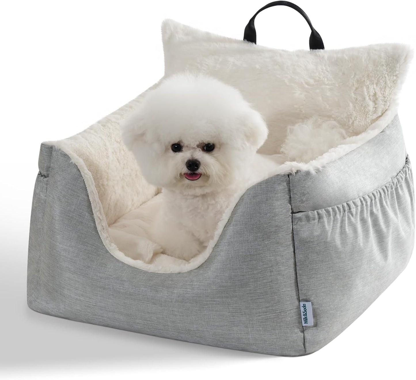 Milk and Soda Small Dog Car Seat Bed for Small Dogs Under 20 LBS with 2-Sided Pillow, Side Pockets, Built-in Leash, Machine Washable Cover, Light Gray (Gray, Small)