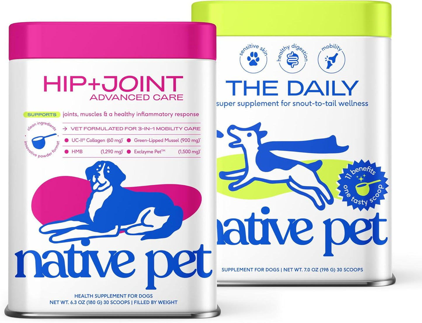 Native Pet Joint Health & Daily Wellness Pack: Hip & Joint Supplement for Dogs - Supports Joints, Cartilage, Muscles & Anti-Inflammatory & Dog Vitamins & Supplements - 11-in-1 Multivitamin Powder - 30