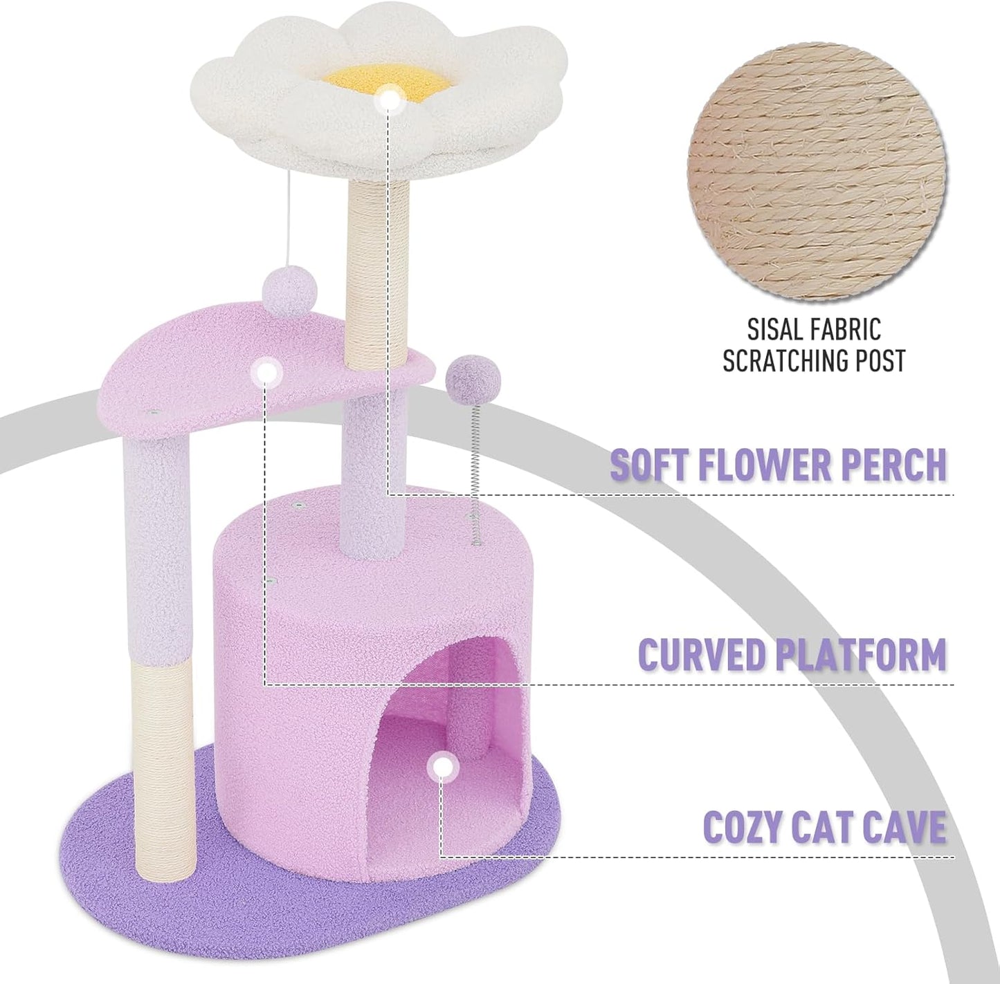 Flower Cat Tree with Scratching Post, Small Cat Tower for Indoor Cats, Cat Climbing Tower for Indoor Kittens Cat Tree Tower for Small Spaces, Cozy Condo & Plush Perches, 33" Purple