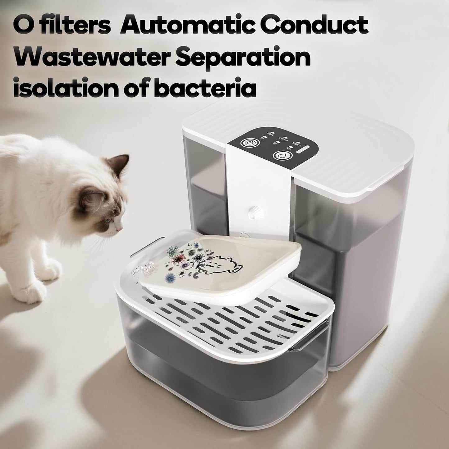 Cat Water Fountain with Heating, 4.5L Automatic Water Dispenser for Cats, Ceramic Bowl, No Filters, Wastewater Separation, Wireless Water Dispenser for Cats and Small Dogs