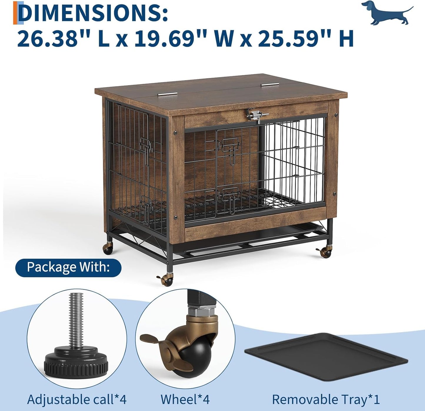 26-Inch Double-Door Pet Crate Furniture, Wooden Dog House with Locking Wheels, Chew-Resistant Indoor Pet Side Table, Rustic Brown Finish, Versatile Pet Housing Solution