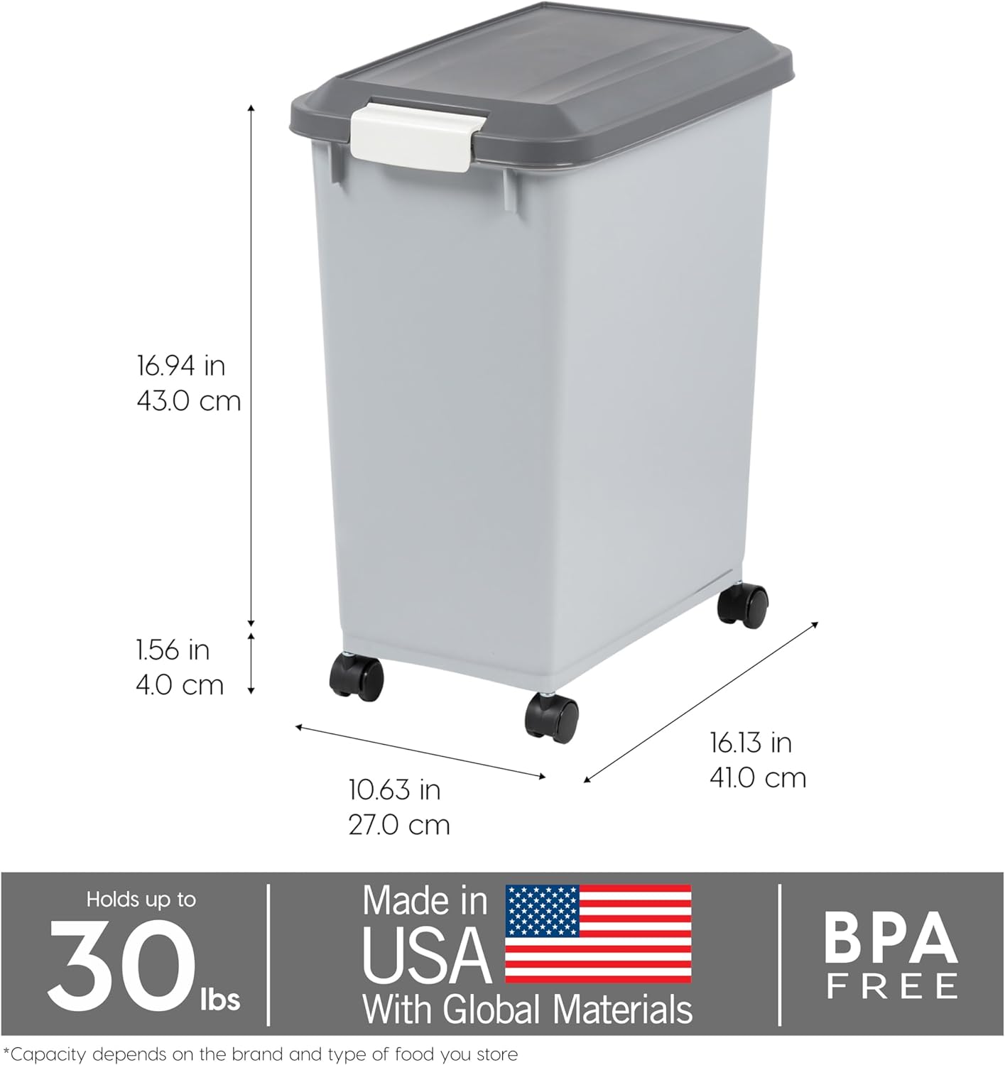 IRIS USA Dog Food Storage Container with Wheels, Airtight Lid, 2-Cup Scoop, Up to 30 Pounds Pet Food Storage, Built in Scoop Storage in Lid, Versatile Pet Food Bin, Portable, BPA Free, Gray/Dark Gray