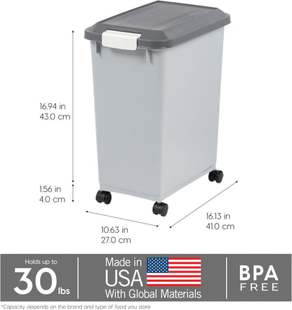 IRIS USA Dog Food Storage Container with Wheels, Airtight Lid, 2-Cup Scoop, Up to 30 Pounds Pet Food Storage, Built in Scoop Storage in Lid, Versatile Pet Food Bin, Portable, BPA Free, Gray/Dark Gray