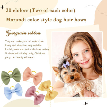 60Pcs(30pairs) Cute Puppy Dog Small Hair Bows with Rubber Bands Dog Bowknot Hair Bows Handmade Yorkie Doggie Dog Grooming Bows for Girls Small Dog Puppy Pet Hair Costume Accessories