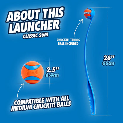 Chuckit! Classic 26M Dog Ball Launcher, 26" Long Handle Compatible with Medium (2.5") Balls, Pet Fetch Thrower Toys, For Dogs 20-60 Pounds, Made in USA, Comes with 1 Medium Ultra DogBall