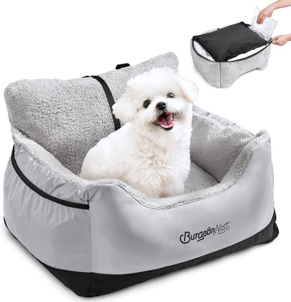 BurgeonNest Dog Car Seat for Small Dogs, Detachable and Washable Cat Carseats Under 25 lbs, Soft Pet Booster Seats with Storage Pockets and Clip-On Leash Portable Car Travel Carrier Bed, Black Grey
